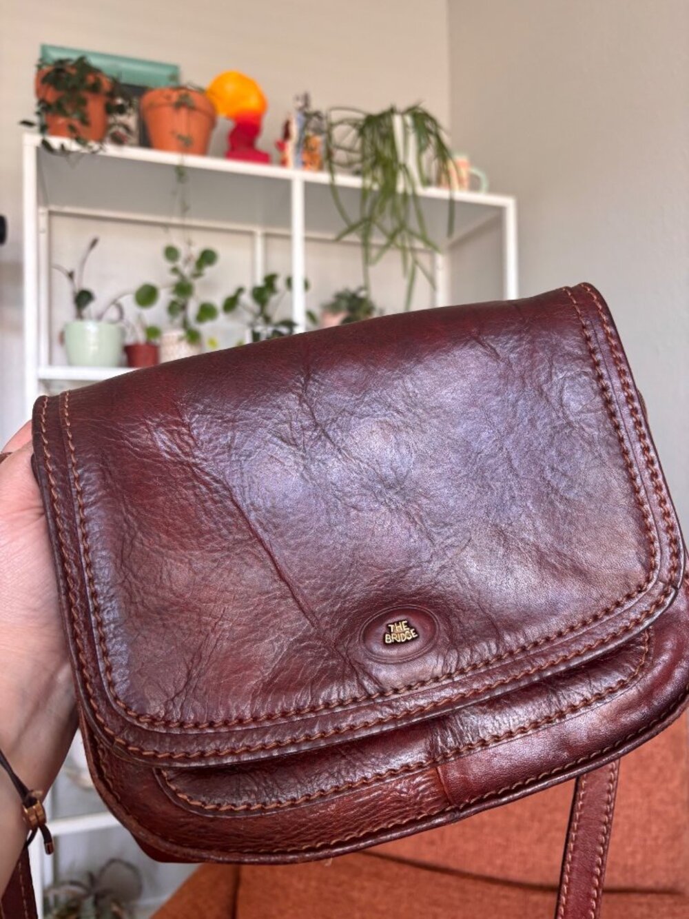 Vintage The Bridge Brown Leather Crossbody Bag Adjustable Strap & Stitch Detail